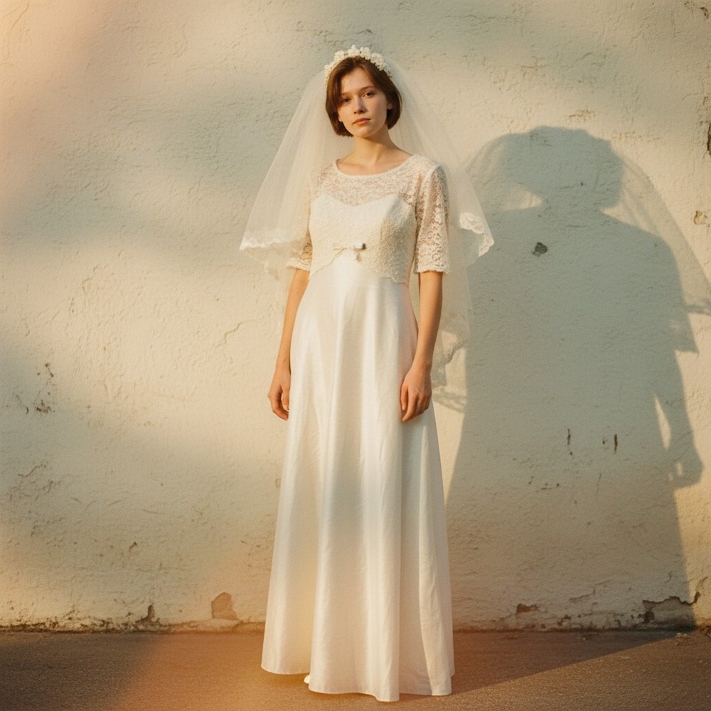 Vintage Emma Domb Wedding Dress‎ & Veil Linen Lace Woman's 12 Union